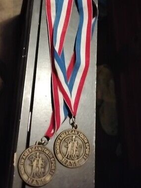 Pair of Gold Medals with Red, White & Blue Ribbons